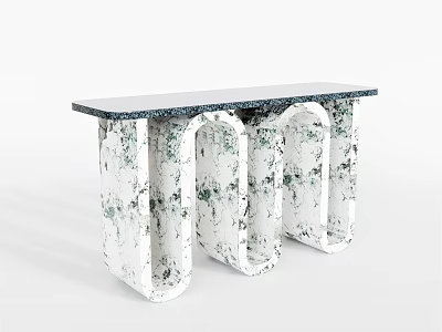 Modern Console Table Featuring Black Countertop And White Arched Base With Green Patterns 3d model