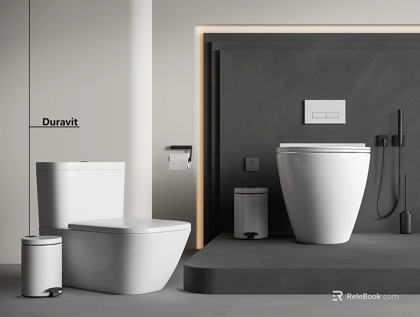Duravit Modern Toilets In Bathroom With Gray Wall Trash Can And Toilet Paper Holder 3d model 