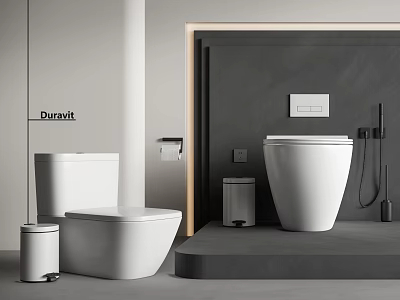 Duravit Modern Toilets In Bathroom With Gray Wall Trash Can And Toilet Paper Holder 3d model