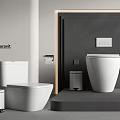 Duravit Modern Toilets In Bathroom With Gray Wall Trash Can And Toilet Paper Holder