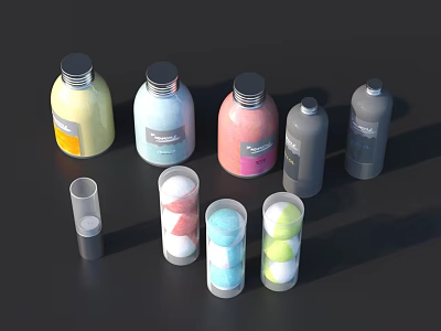 Washing Supplies With Colorful Bottles And Transparent Containers Holding Detergent Tablets On Dark Background 3d model