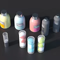 Washing Supplies With Colorful Bottles And Transparent Containers Holding Detergent Tablets On Dark Background