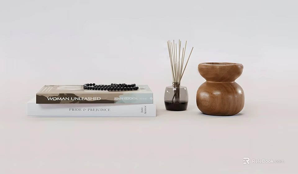 Stylish Decorative Ornament Set With Book Beaded Necklace Reed Diffuser And Wooden Ornament 3d model 