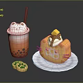 Cute Cat Themed Milk Tea With Boba And Cat Face Cake With Cream And Cookies