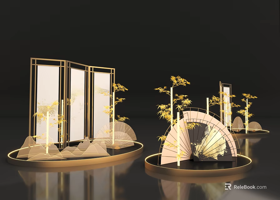 Elegant Chinese Decorative Display With Golden Screens Fan Shaped Ornaments Trees And Rock Formations 3d model 