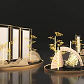 Elegant Chinese Decorative Display With Golden Screens Fan Shaped Ornaments Trees And Rock Formations
