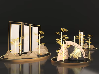 Elegant Chinese Decorative Display With Golden Screens Fan Shaped Ornaments Trees And Rock Formations 3d model