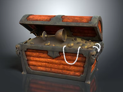 Open Wooden Treasure Chest Filled With Gold Coins Goblet And Pearl Necklace 3d model