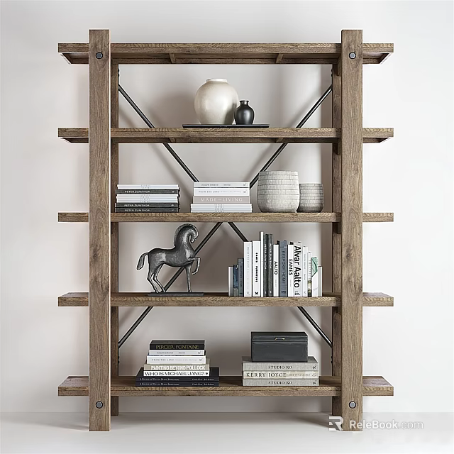 Rustic Wooden Display Shelf with Metal Cross Brackets Books Horse Decor Vase 3d model 