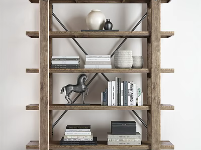 Rustic Wooden Display Shelf with Metal Cross Brackets Books Horse Decor Vase 3d model