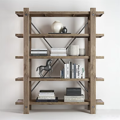 Rustic Wooden Display Shelf with Metal Cross Brackets Books Horse Decor Vase 3d model