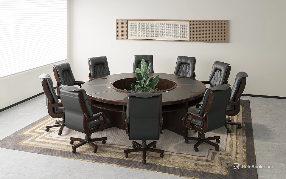 Modern Round Conference Table With Black Leather Chairs Central Green Plant And Decorative Wall Panel 3d model 