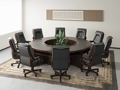 Modern Round Conference Table With Black Leather Chairs Central Green Plant And Decorative Wall Panel 3d model