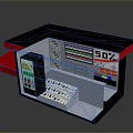 Small Black Kiosk Structure With Red Awning White Keyboard Panel And Blue Section