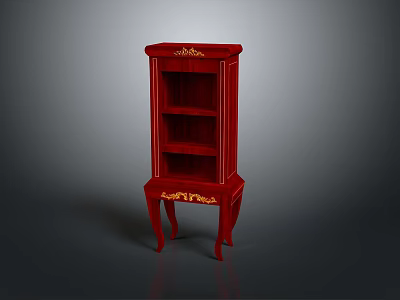 Red Ornate Cabinet With Gold Decorative Details Open Shelves And Carved Legs 3d model