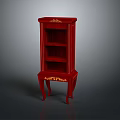 Red Ornate Cabinet With Gold Decorative Details Open Shelves And Carved Legs