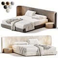 Double Bed with Upholstered Headboard White Bedding Cozy Blanket Round Nightstand and Color Options