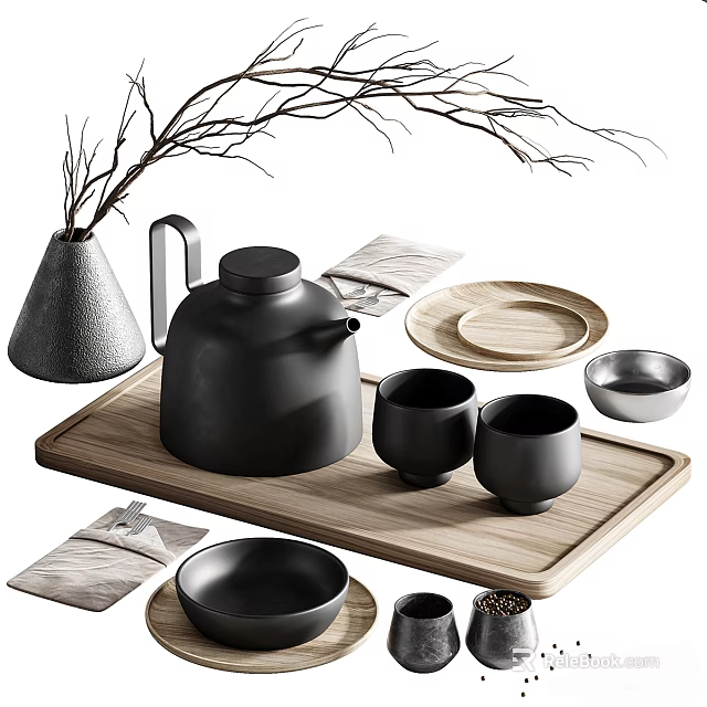 Minimalist Black Tea Set With Teapot Teacups Tea Plates On Wooden Tray Decorative Branches 3d model 