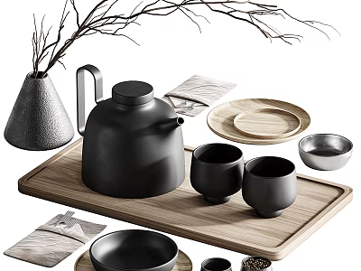 Minimalist Black Tea Set With Teapot Teacups Tea Plates On Wooden Tray Decorative Branches 3d model