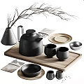 Minimalist Black Tea Set With Teapot Teacups Tea Plates On Wooden Tray Decorative Branches