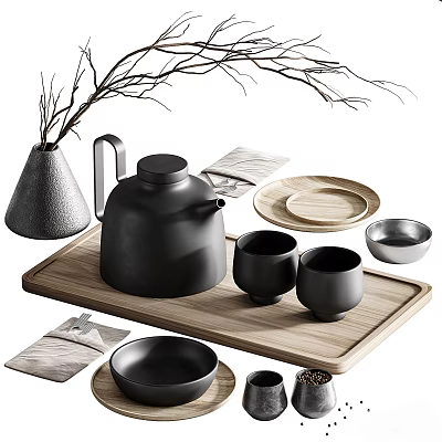 Minimalist Black Tea Set With Teapot Teacups Tea Plates On Wooden Tray Decorative Branches 3d model