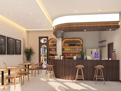 Modern Café Interior With Warm Lighting Wooden Bar Counter Tables Stools And Blackboard Menus 3d model