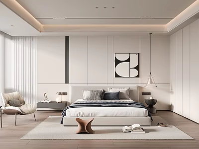 Modern Bedroom Interior Design With Panel Wall Abstract Art Throw Pillows And Armchair Rug 3d model