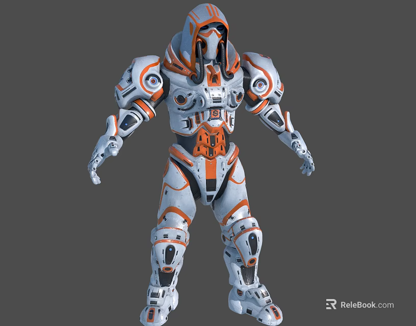 Futuristic Armored Mech Warrior Character With Orange White Mechanical Armor Design 3d model 