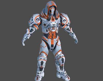 Futuristic Armored Mech Warrior Character With Orange White Mechanical Armor Design 3d model
