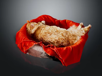 An orange cat lying comfortably in a soft red pet bed against dark background 3d model