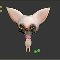 Cute Animated Game Character with Big Eyes Pink Ears Bow Collar and Green Dumbbells