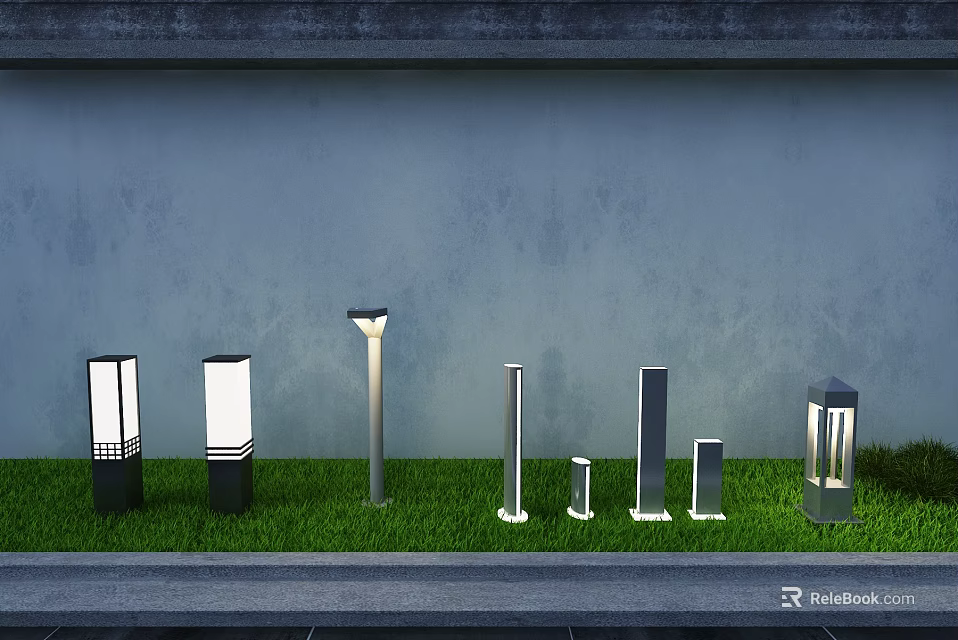 Various Styles Outdoor Lights on Green Grass Against Gray Wall for Garden Decor 3d model 