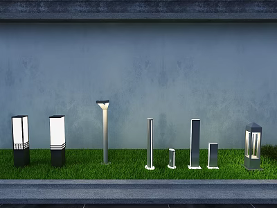 Various Styles Outdoor Lights on Green Grass Against Gray Wall for Garden Decor 3d model