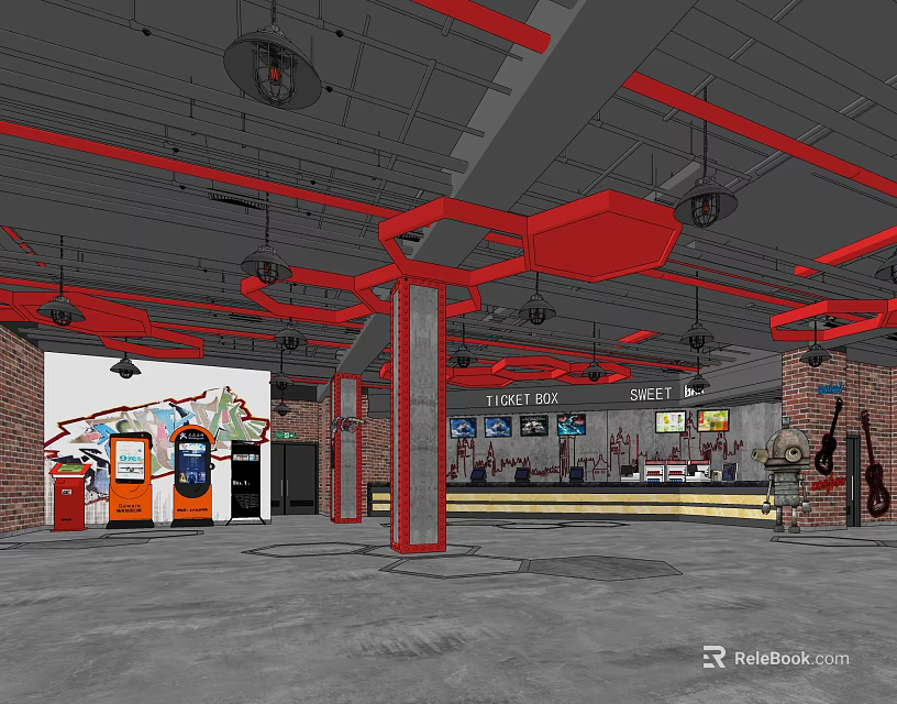 Industrial Style Cinema Interior With Red Pipes Bar Counter And Movie Posters 3d model 