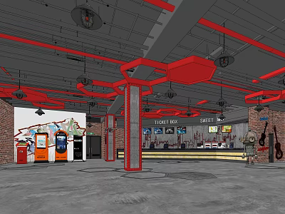 Industrial Style Cinema Interior With Red Pipes Bar Counter And Movie Posters 3d model