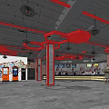 Industrial Style Cinema Interior With Red Pipes Bar Counter And Movie Posters