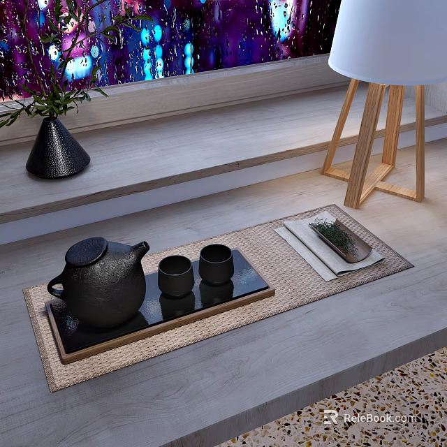 Modern Tea Set With Black Teapot Cups On Tray And Woven Mat By Window Sill 3d model 