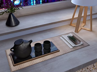 Modern Tea Set With Black Teapot Cups On Tray And Woven Mat By Window Sill 3d model