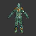 Detailed Futuristic Armored Humanoid Character With Green And Orange Exoskeleton Suit Design