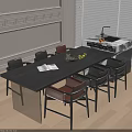 Modern Wooden Long Dining Table With Red Black Chairs In Open Kitchen With Marble Countertop
