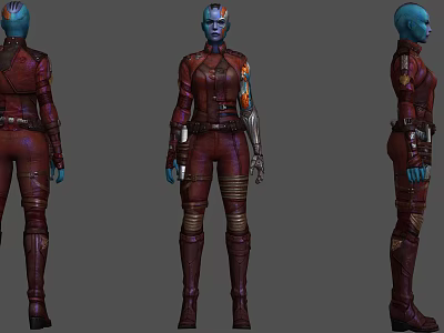 Blue Skinned Game Movie Character In Red Combat Suit With Mechanical Arm Three Quarter Views 3d model