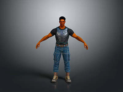 3D Male Character Model In Black Patterned Tshirt Blue Cargo Pants And Gray Boots 3d model