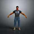 3D Male Character Model In Black Patterned Tshirt Blue Cargo Pants And Gray Boots