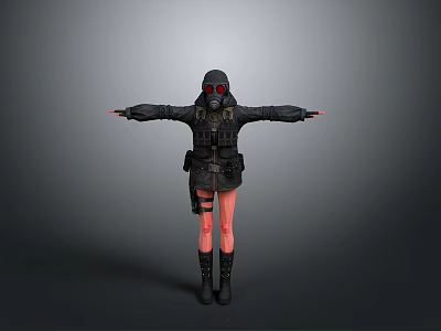 Woman in Black Protective Suit With Gas Mask Arms Outstretched Pink Legs Black Boots 3d model