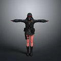 Woman in Black Protective Suit With Gas Mask Arms Outstretched Pink Legs Black Boots