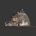 Cartoon Scenery of Detailed Castle Like Building With Red Roofs Dome Statues And Stone Stairs