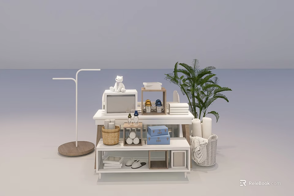 White Shelf Organizing Corner With Floor Lamp Potted Plant And Storage Baskets 3d model 