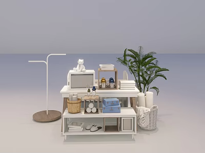 White Shelf Organizing Corner With Floor Lamp Potted Plant And Storage Baskets 3d model