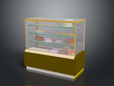 Assorted Desserts in Glass Display Case with Multiple Shelves and Golden Frame 3d model