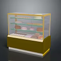 Assorted Desserts in Glass Display Case with Multiple Shelves and Golden Frame